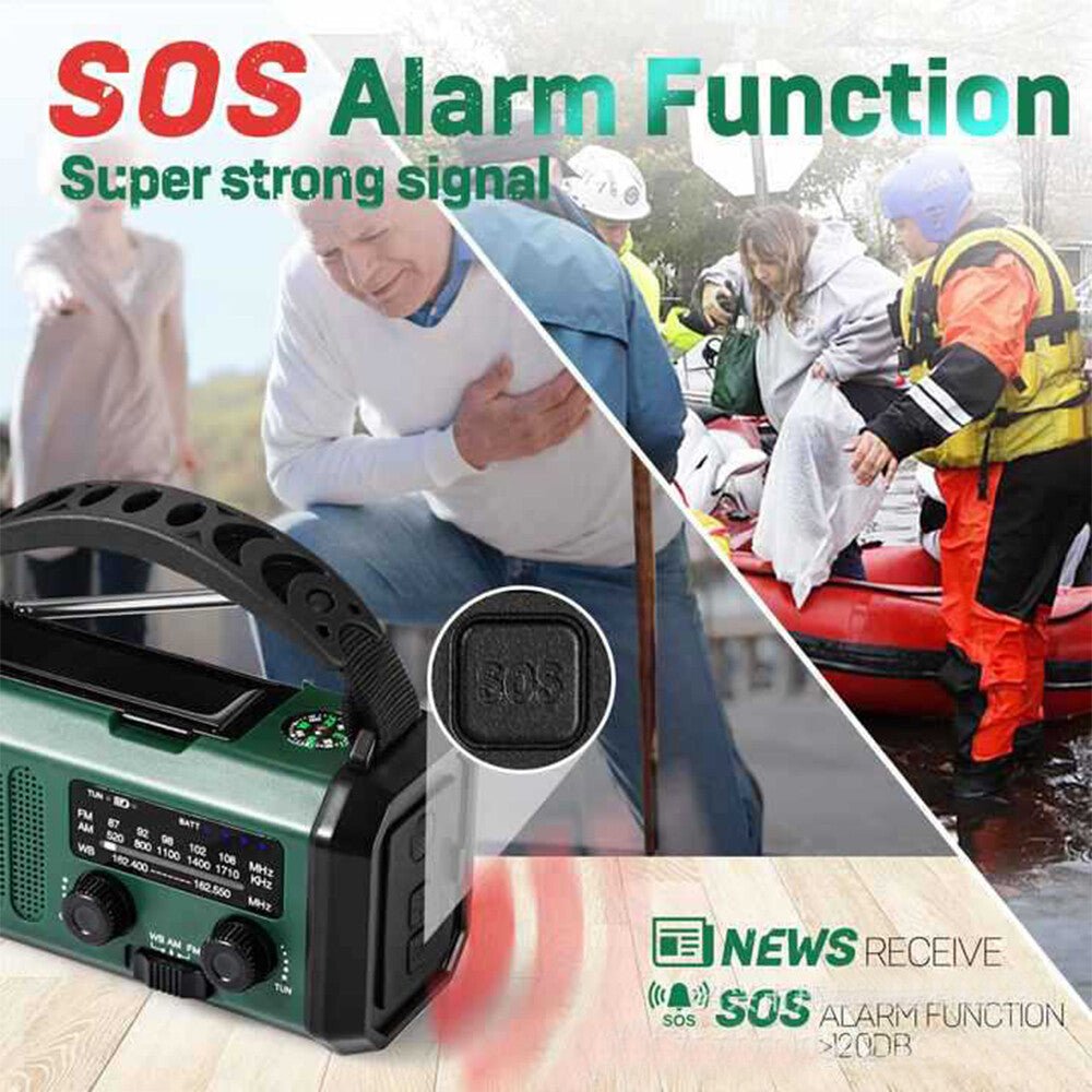 Solar Emergency Radio — 10000mAh, Hand Crank, FM/AM & LED Torch - HelioGreenEnergyEmergency Radio