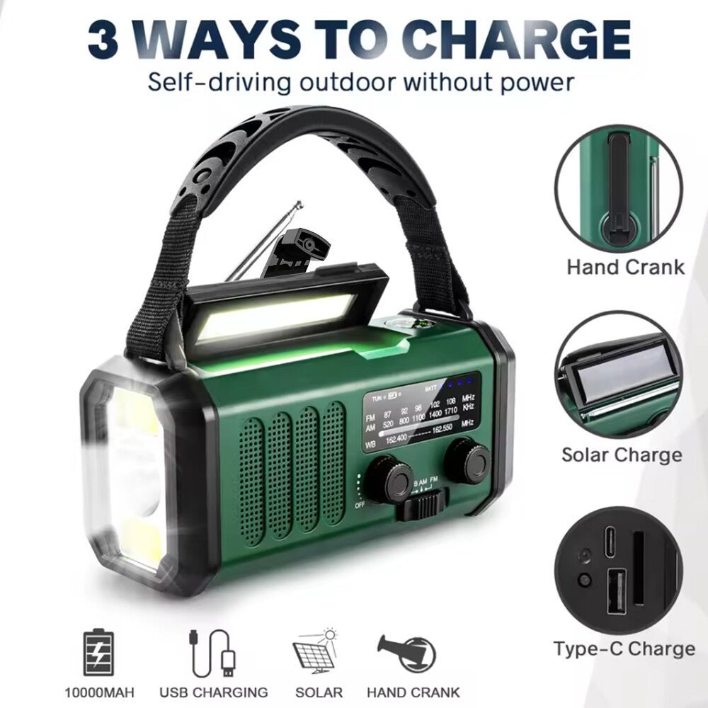 Solar Emergency Radio — 10000mAh, Hand Crank, FM/AM & LED Torch - HelioGreenEnergyEmergency Radio
