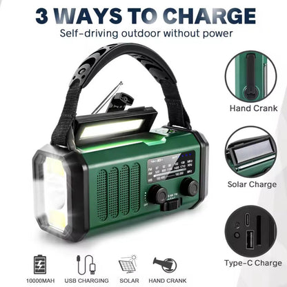 Solar Emergency Radio — 10000mAh, Hand Crank, FM/AM & LED Torch - HelioGreenEnergyEmergency Radio