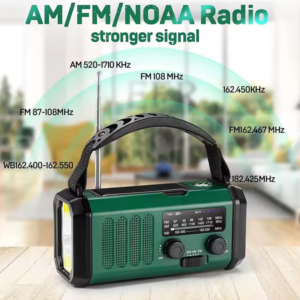 Solar Emergency Radio — 10000mAh, Hand Crank, FM/AM & LED Torch - HelioGreenEnergyEmergency Radio
