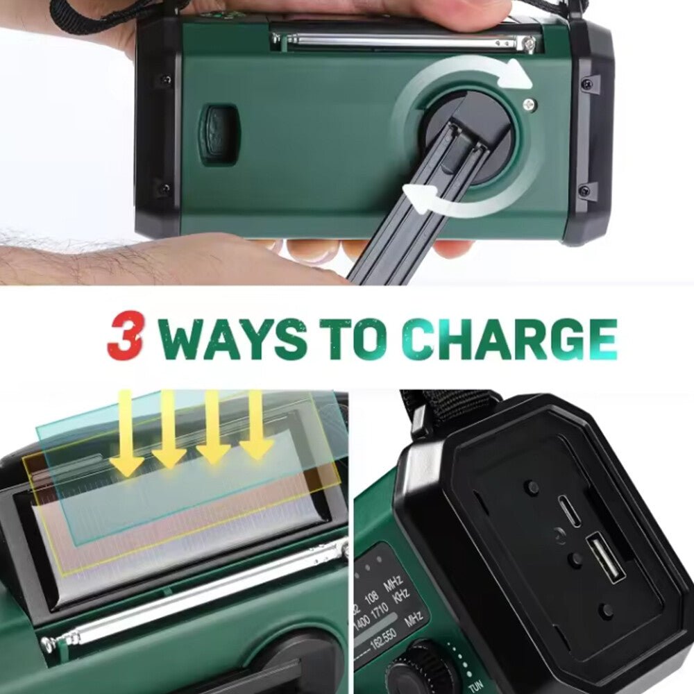 Solar Emergency Radio — 10000mAh, Hand Crank, FM/AM & LED Torch - HelioGreenEnergyEmergency Radio